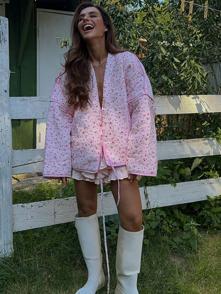 Veste matelassurera à manches longues à lacets pour femmes, imprimé de fleurs, manteau optique décontracté, chaud, dame, extérieur, automne, hiver, 2024