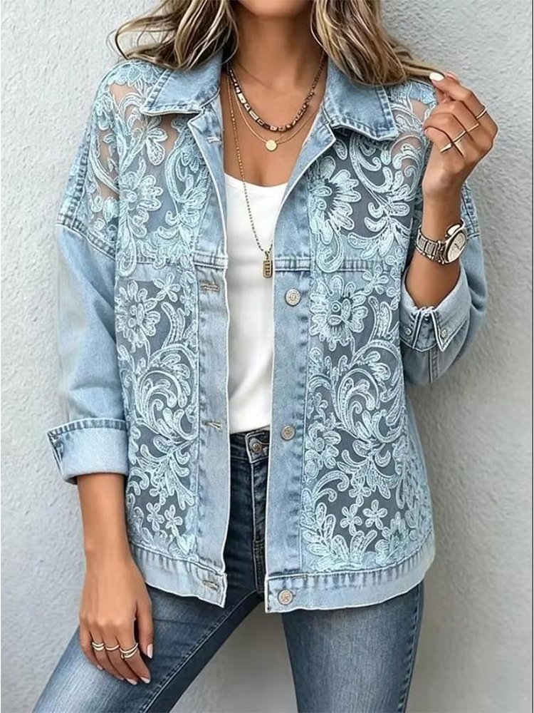 Veste en jean décontractée pour femme avec patchwork de dentelle transparente, boutonnée, coupe ample, manches longues, style streetwear tendance