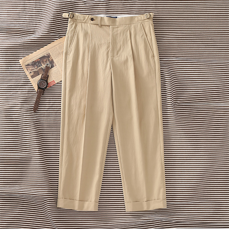 Pantalon décontracté pour homme en tissu mélangé, coupe droite décontractée, couleur kaki clair, avec bouton parisien, en coton.