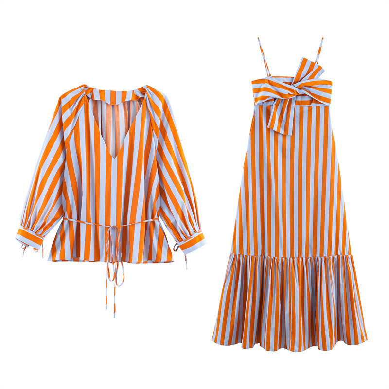 Ensemble 2 pièces pour femmes, chemisier à manches longues à col en V rayé orange, robe midi à volants avec bretelles spaghetti et nœud, ensemble assorti décontracté pour les vacances