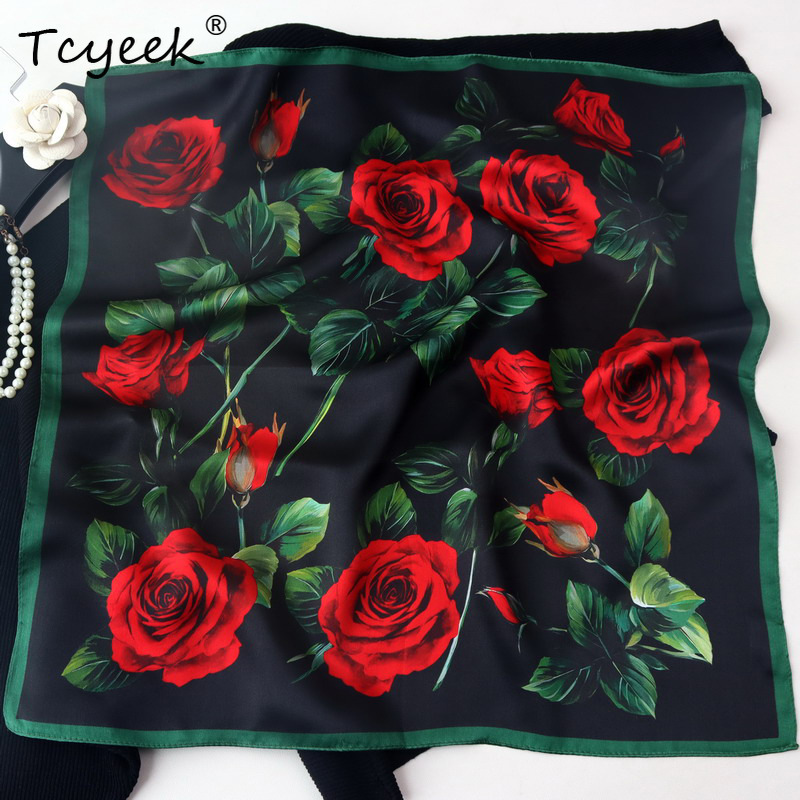 Tcyeek 50*50 cm 100% vraie soie rouge Rose écharpe cadeau de maman élégant foulards foulard carré écharpe 2024 printemps nouveau A3D839QC
