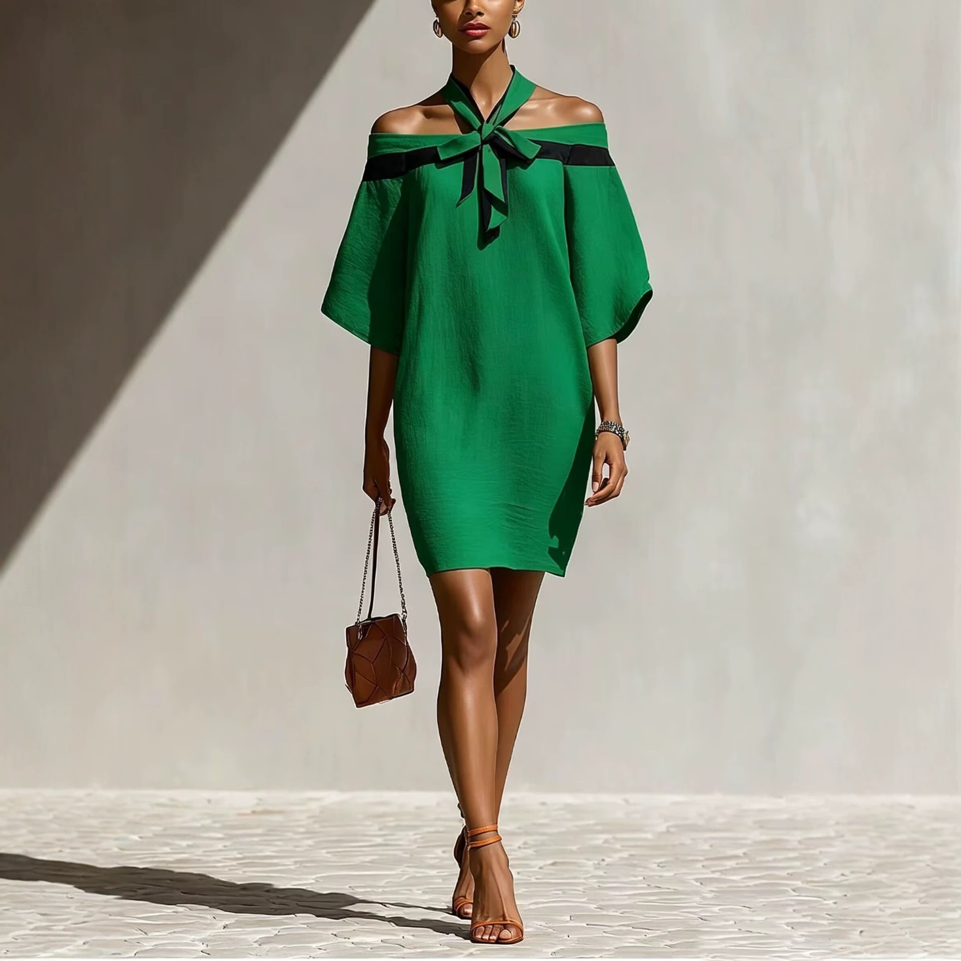 Nouvelle Robe Mini Chic Décontractée pour Femme, Élégante, Épaules Dénudées, Col Halter, Nœud, Manches Courtes, Coupe Ample, Idéale pour les Fêtes, Collection Été 2026