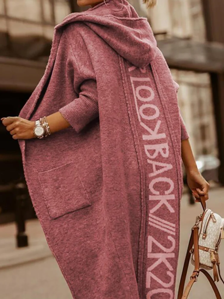 Cardigan à Capuche et Manches sulfpour Femme, Pull Long avec Poches et Lettres Imprimées, Streetwear Décontracté, Collection Automne Hiver 2025