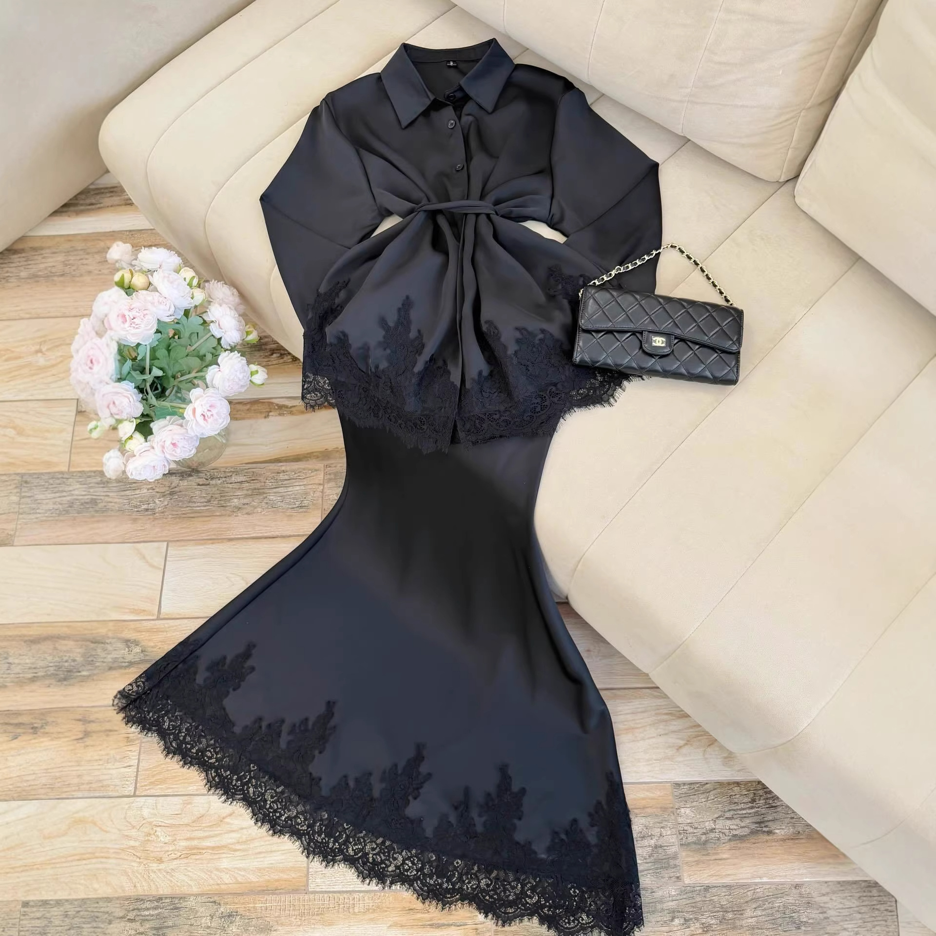 Ensembles deux pièces pour femmes : Hauts à manches longues en dentelle à col rabattu et jupes longues taille haute – Style streetwear élégant pour le travail