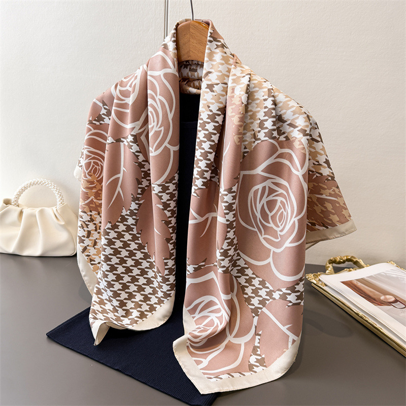 Nouveau foulard carré de luxe rétro à carreaux en fausse soie, imprimé, polyvalent, châle en twill biaisé, écharpe de tête, foulard de cou pour femme