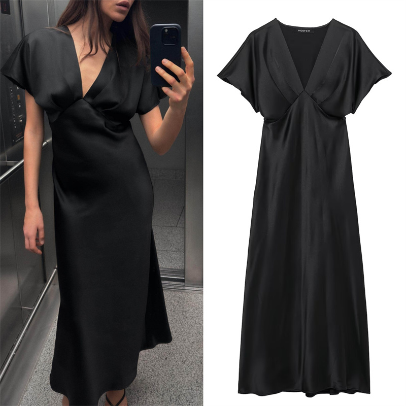 Robe mi-longue en Satin de soie pour femmes, Sexy, col en v, Design élégant, tempérament, bal de Cocktail, nouvelle collection printemps 2025 2330399