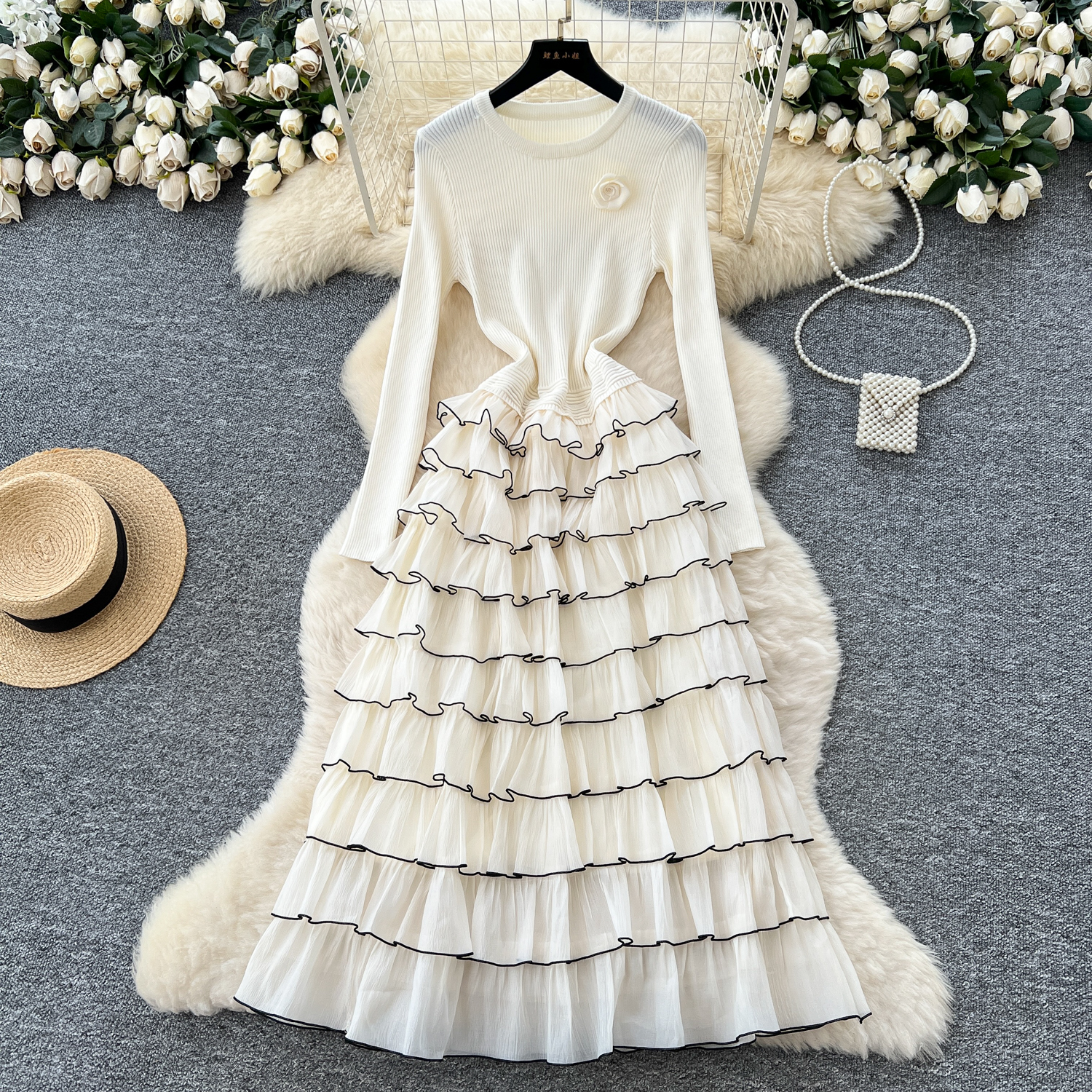 Robes longues à fleurs en tricot, élégantes et Chic, à plusieurs niveaux, pour soirée française, High Street, vêtements pour femmes, automne et hiver