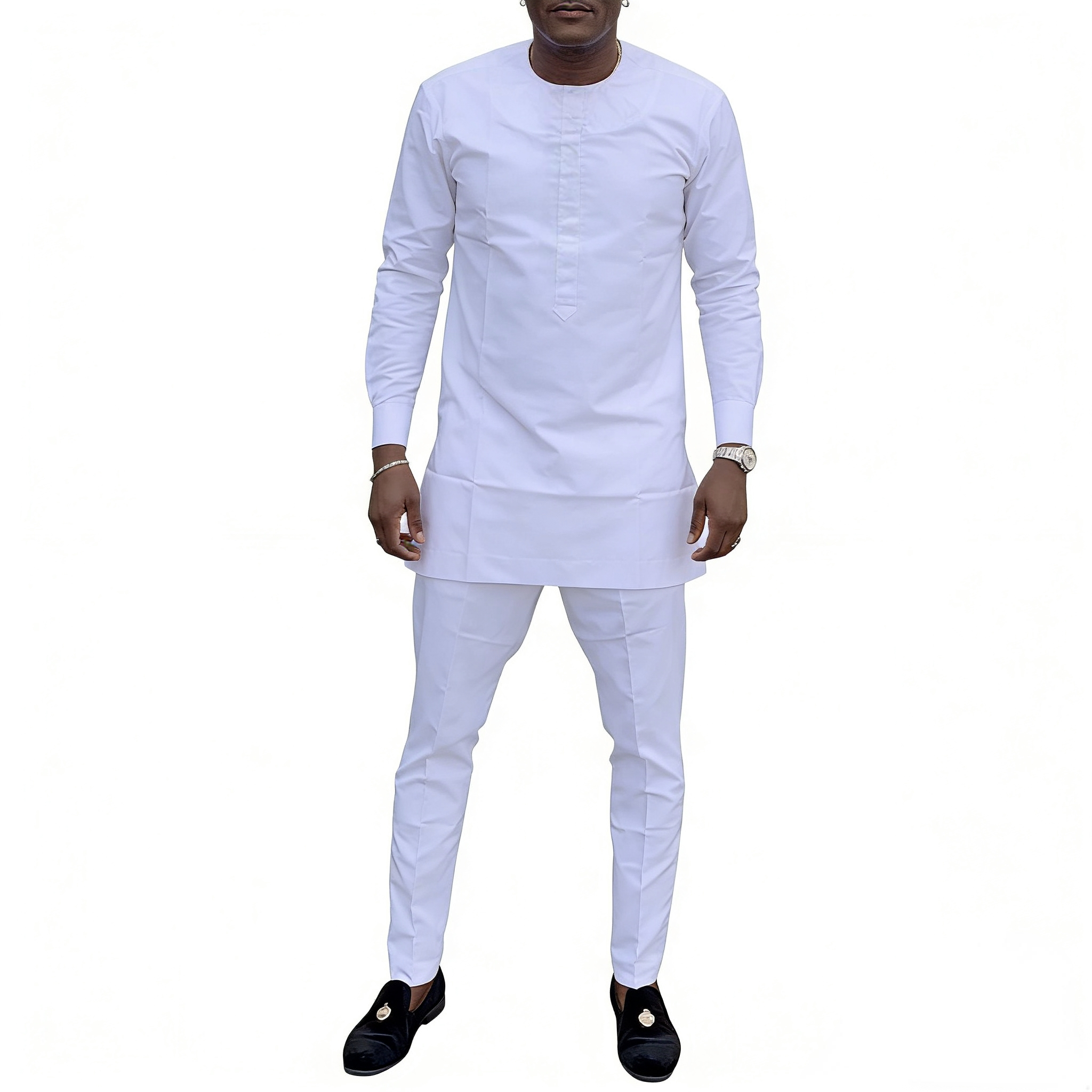 Ensembles pour hommes, hauts et pantalons à manches longues, blanc uni, Design Original, costumes sur mesure, Couture africaine, vêtements de fête