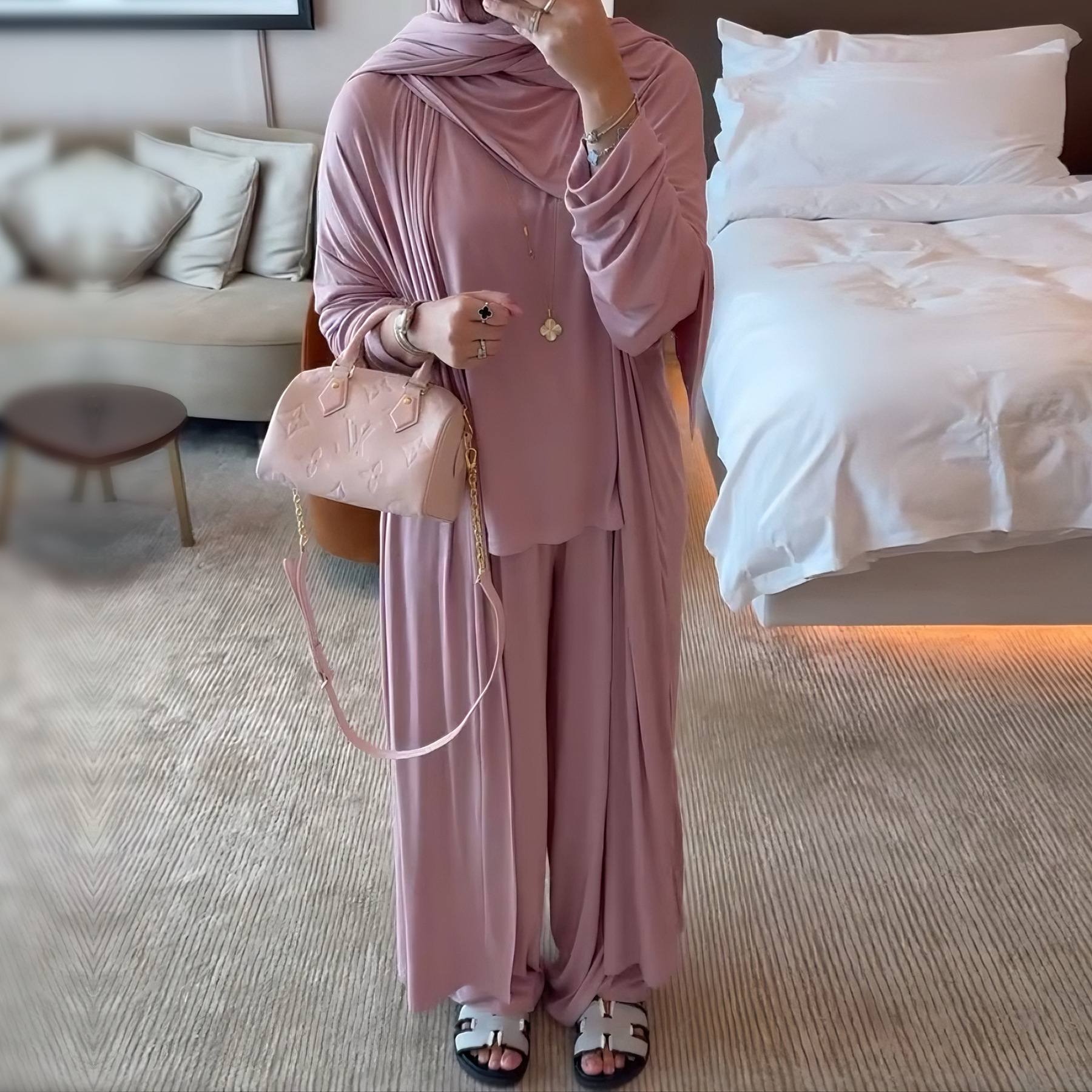 Musulman 3 pièces Ensemble femmes Cardigan chemise jambe large pantalon chemisier haut costume Musulman Ensemble dubaï décontracté Femme tenues solide décontracté
