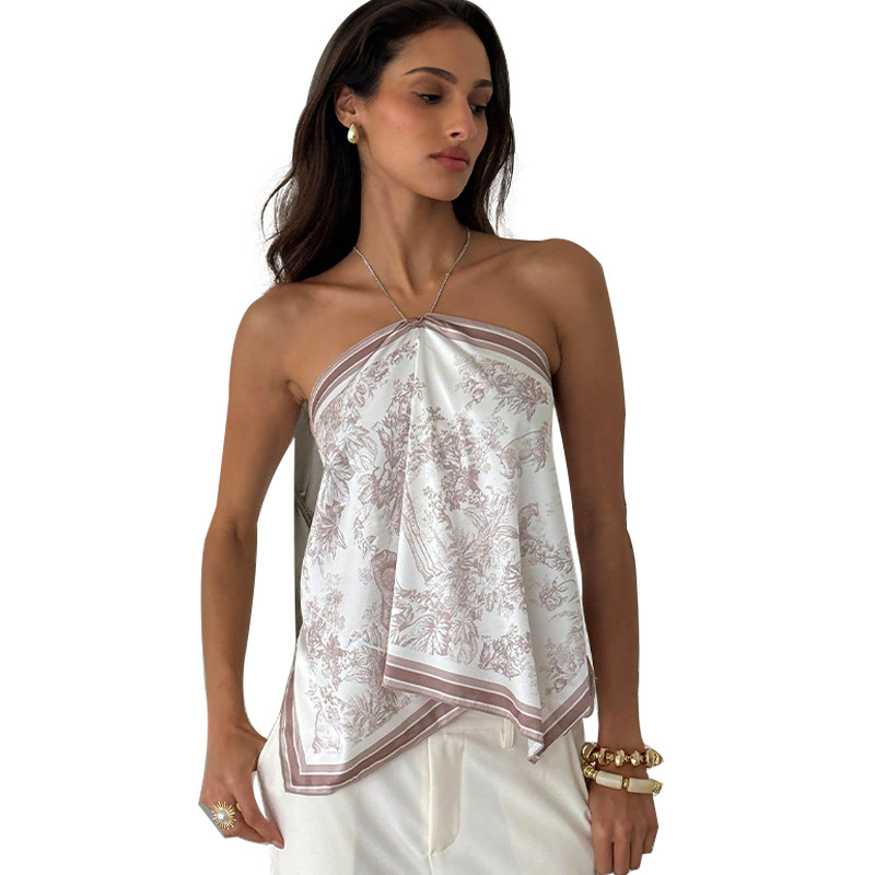 Haut cache-cœur vintage en satin pour femme, imprimé jungle élégant, dos nu, style bandana, débardeur d'été décontracté pour la plage