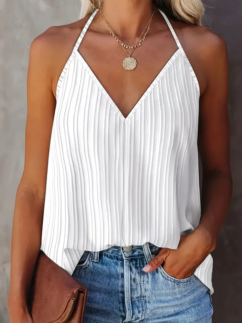 Grande taille 1XL-5XL femmes mode col en v licou cou débardeurs dames décontracté été sans manches couleur unie dos nu hauts d'été