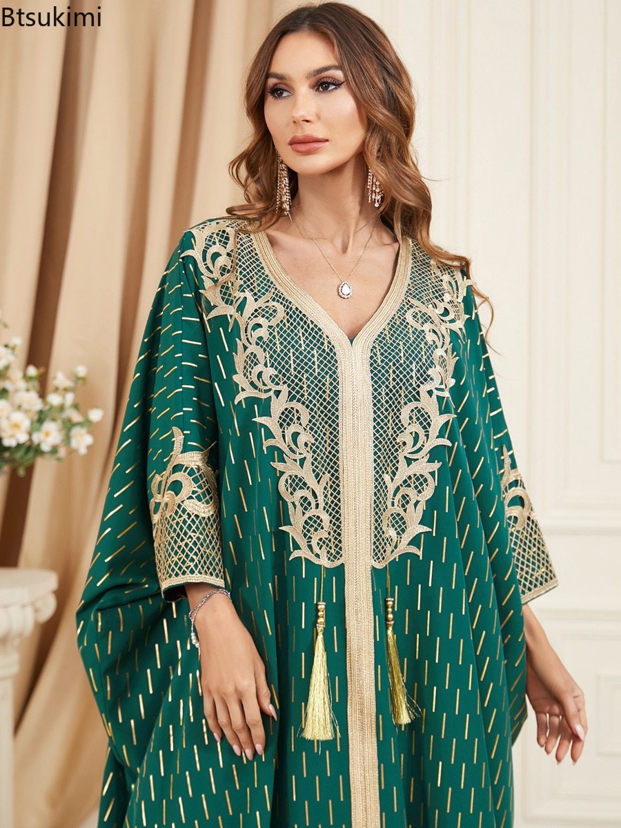 Robes Musulmanes Élégantes pour Femmes, Longue Robe Ample Style Moyen-Orient Dubaï, Abaya à Manches Chauve-Souris, Col en V, Robe de Soirée à Paillettes, Robe de Fête Femme