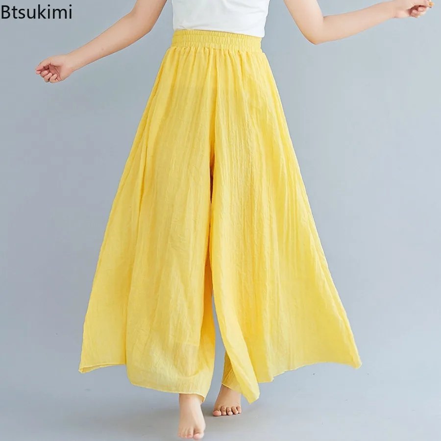 Pantalon décontracté style ethnique 2026, nouveau pantalon large en coton et lin, culotte unie, confortable et polyvalent, style vintage pour femme