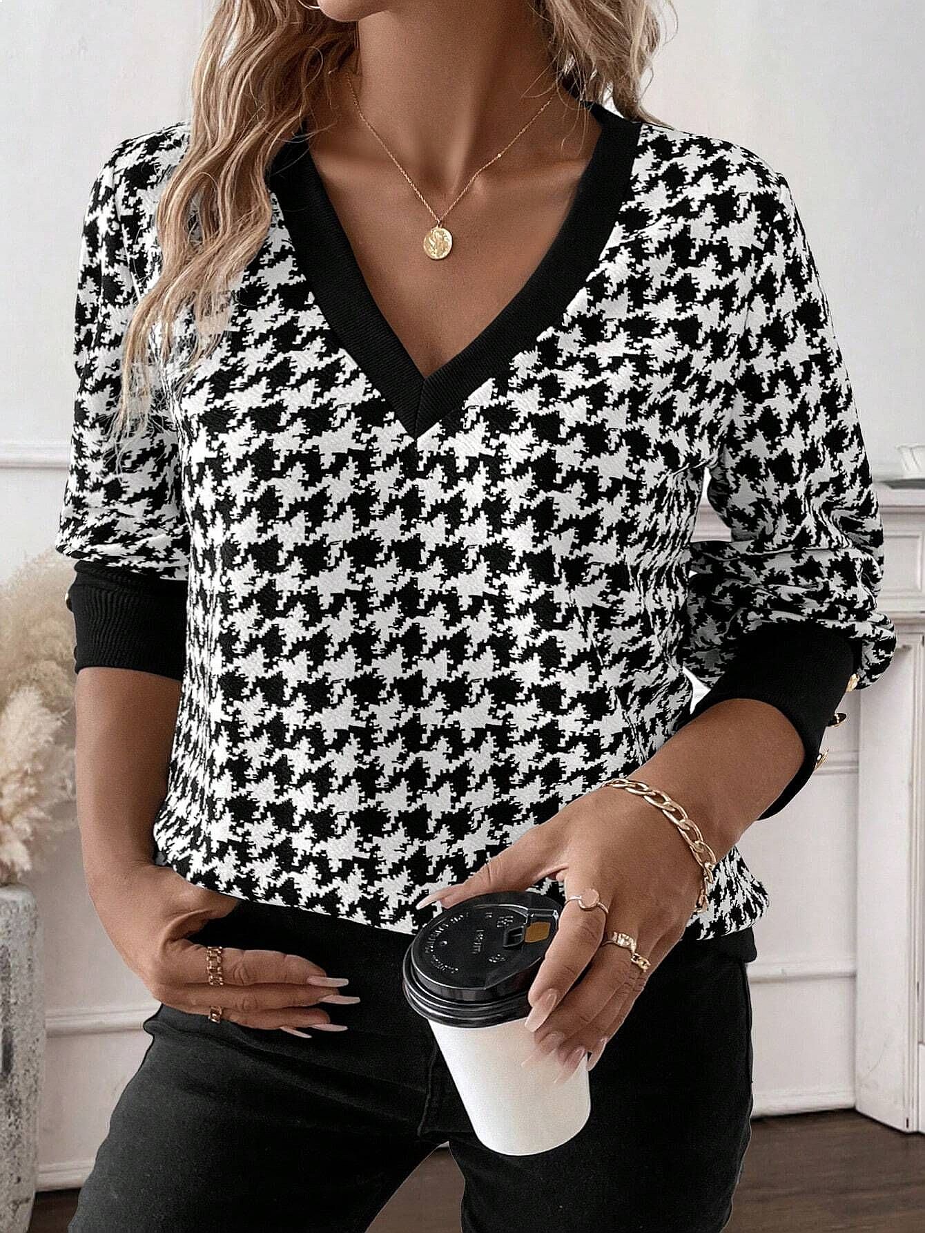 Tops imprimés élégants pour femmes, col en V, manches longues, chemisier, tops printemps-été, t-shirts