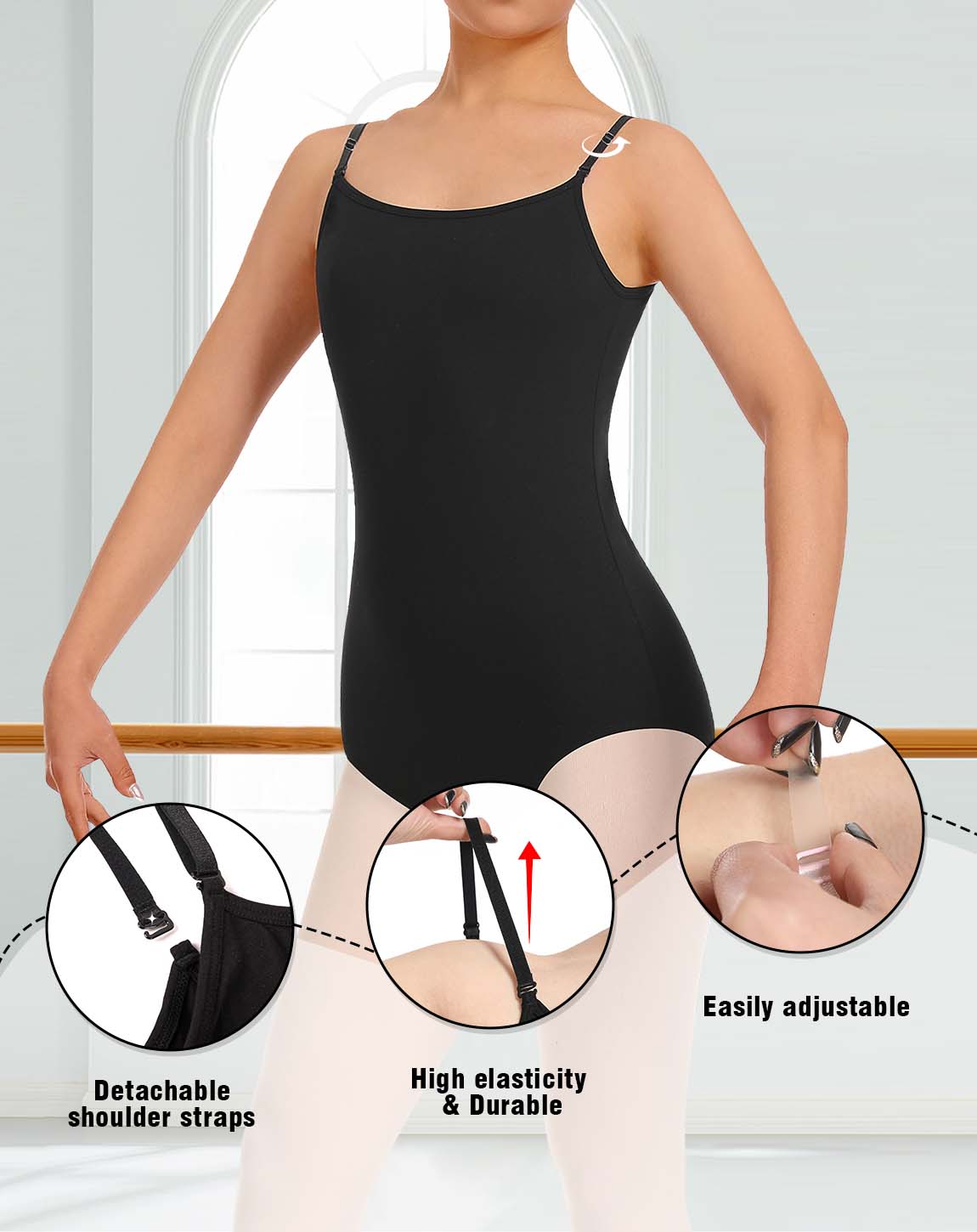 Justaucorps de danse Camisole pour femmes, bretelles élastiques et transparentes réglables détachables, doublure avant complète