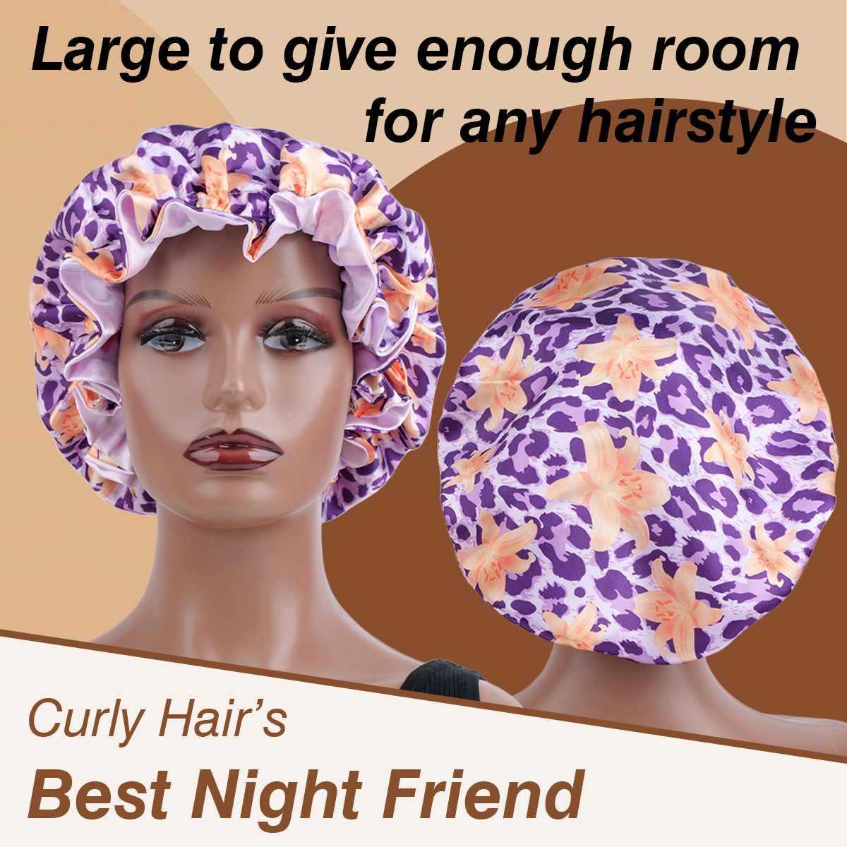 Bonnet en Satin pour cheveux, imprimé Floral léopard, garniture à volants, protège le verrouillage des cheveux, permettant de gagner de l'humidité, bonnet de sommeil pour femmes/hommes, 1 pièce