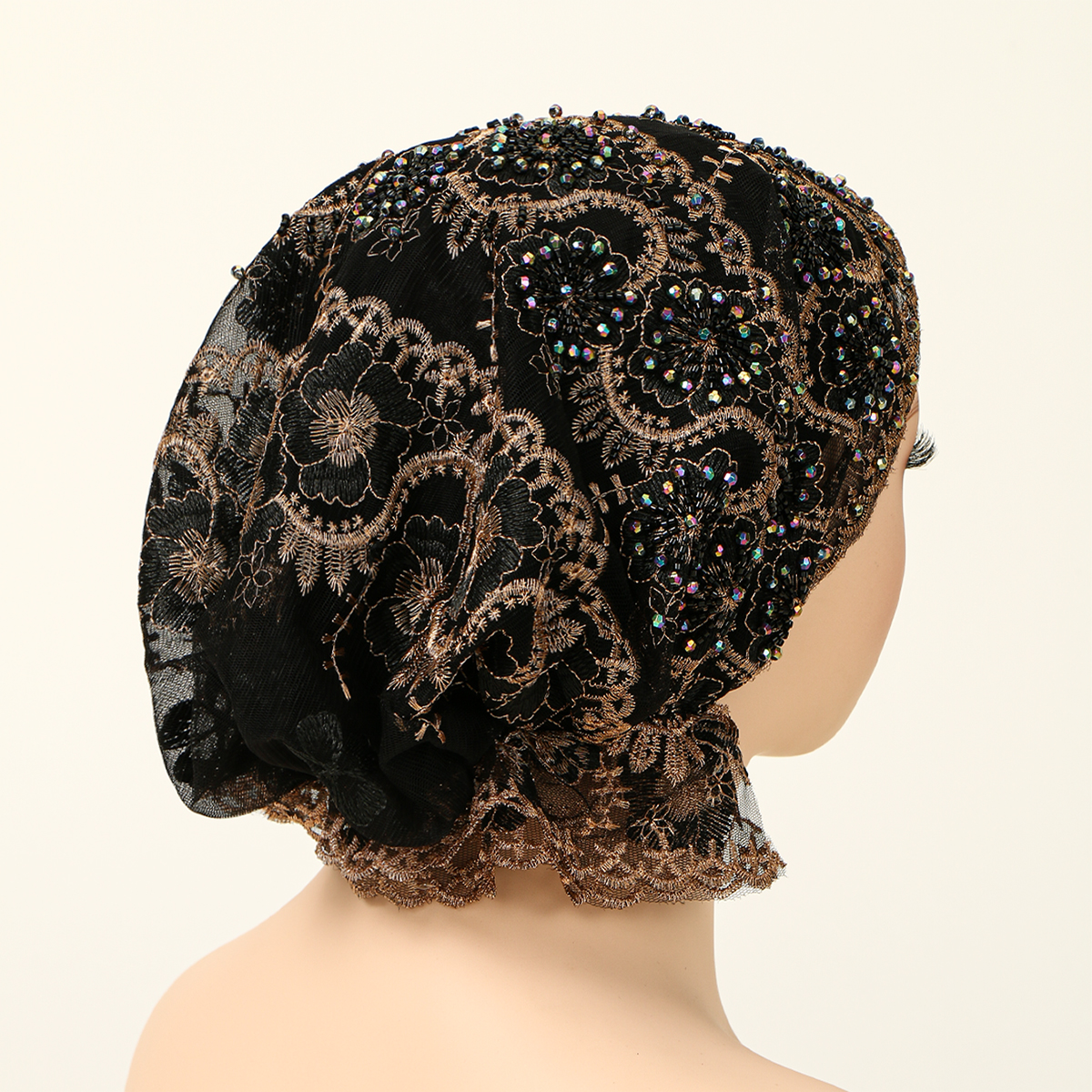 Casquette intérieure en dentelle de perles musulmanes de luxe, couvre-chef islamique élastique pour femmes, casquette de prière élégante, couvre-tête décoratif