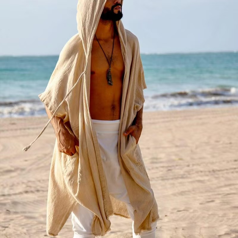 Cardigans d'été mi-longs pour hommes, amples et décontractés, vêtements de Protection solaire, Style vacances à la plage, manteau châle ample, Cape longue à capuche