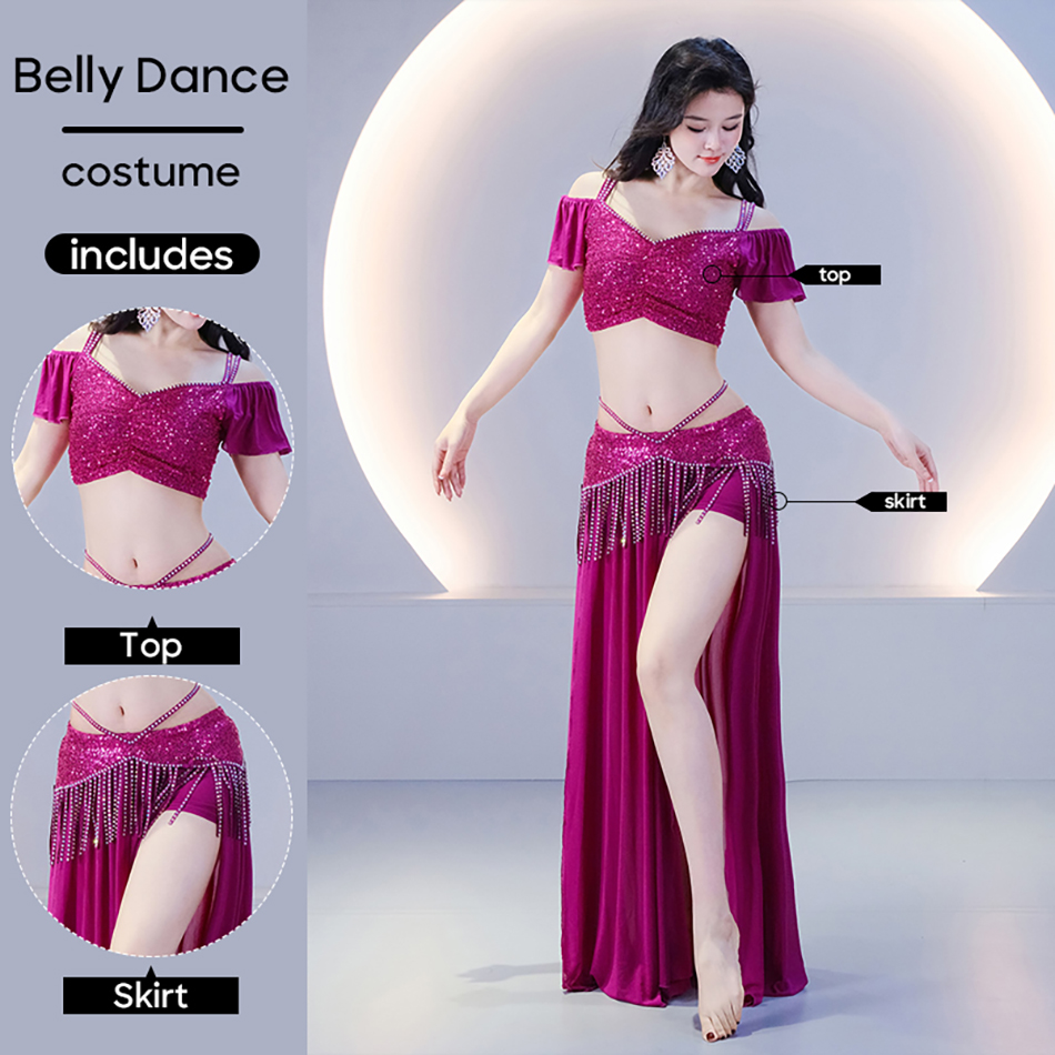 Costumes de danse orientale, haut à épaules dénudées + jupe à double fente, ensemble 2 pièces, manches longues, franges, strass, tenue de spectacle de danse