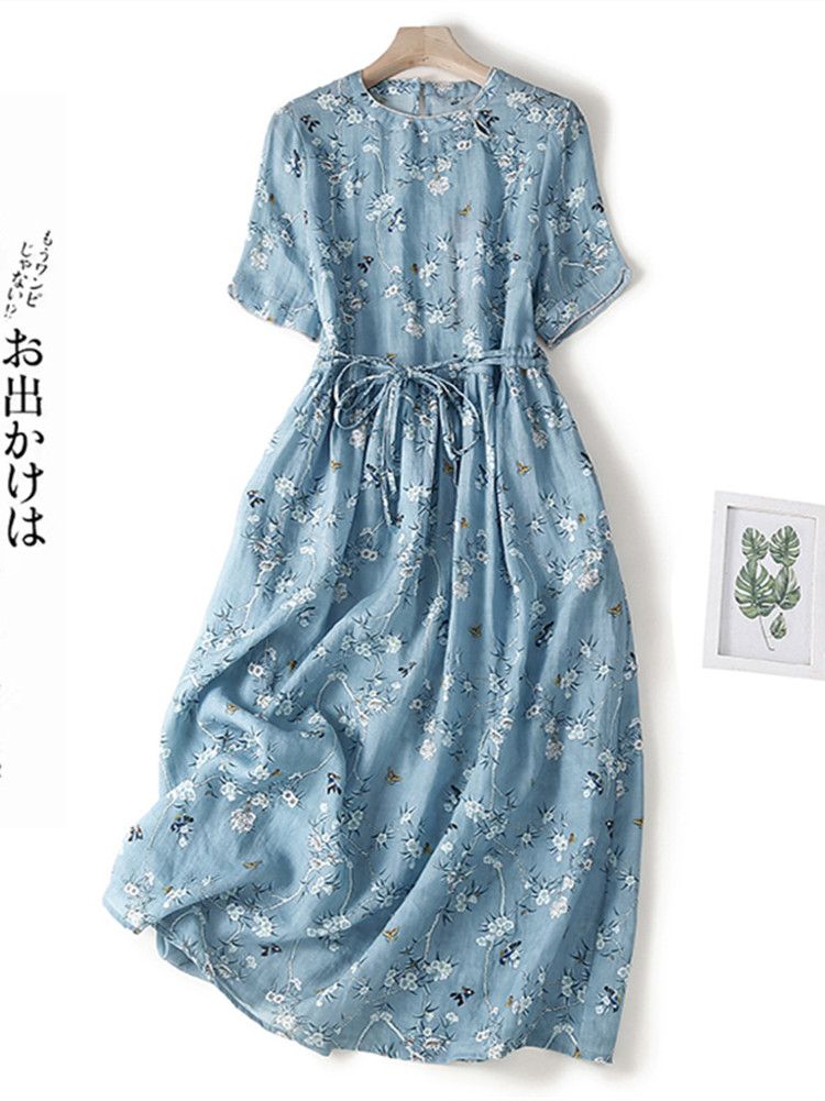 2025 nouveau mince coton doux imprimé fleuri ample confortable Vintage robe d'été ceinture mince bureau dame travail robe femmes décontracté robe mi-longue