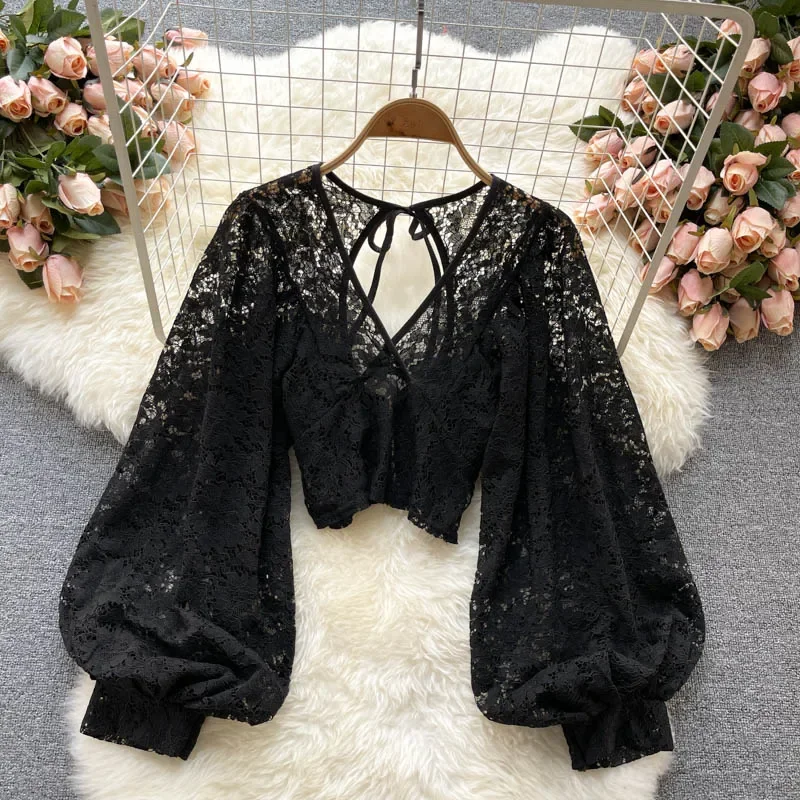 Frenchic-Chemisier en dentelle au crochet pour femme, col en Y transparent, manches lanterne, dos nu, à lacets, chemisier élégant pour femme, livraison directe, sexy