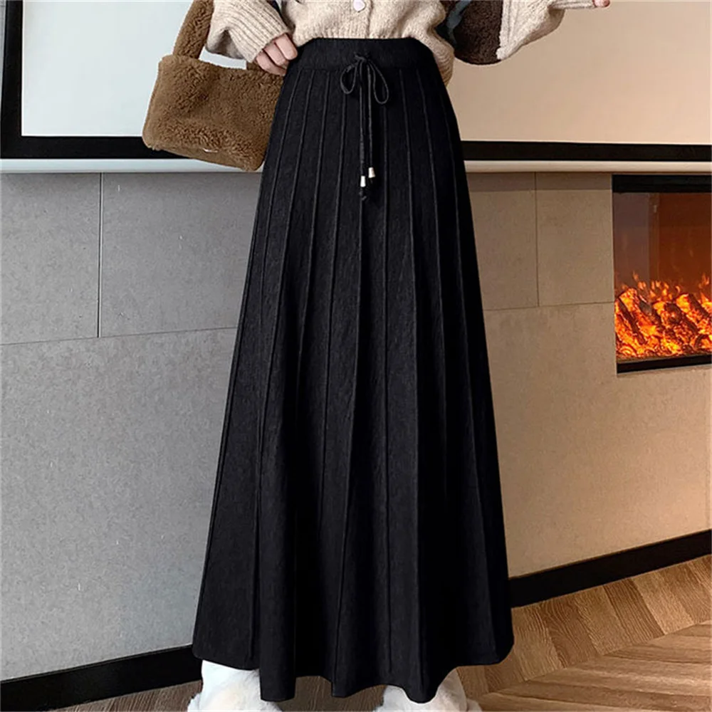 Jupe mi-longue taille haute A-Line pour femme, mode coréenne, élégante, noire, automne, hiver, nouveau, 2025