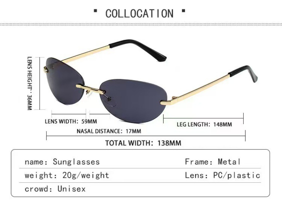 Lunettes de soleil œil de chat tendance sans monture, ovales, pour hommes et femmes, protection UV400, pour la conduite, style Y2K, verres dégradés sans cadre