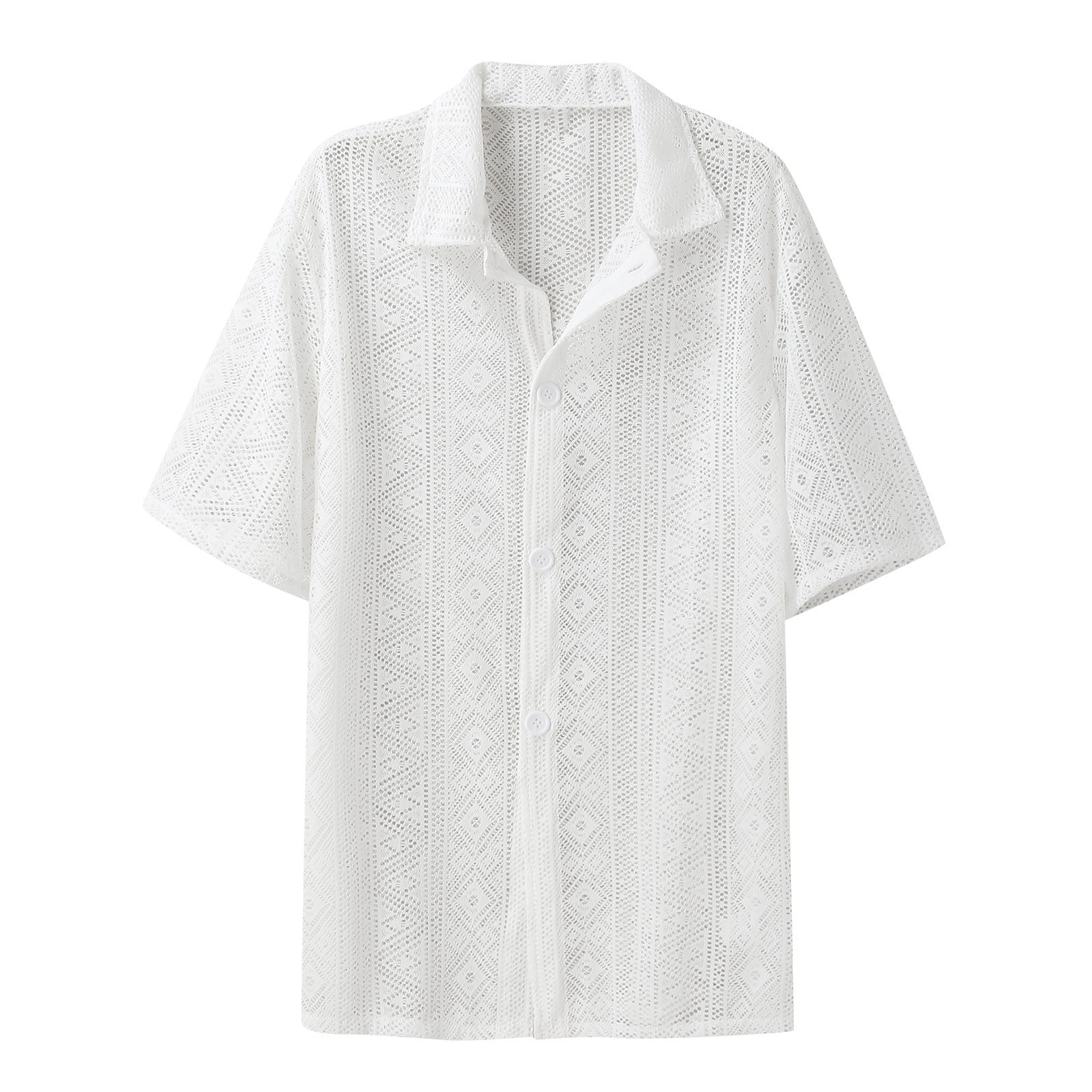 Vêtements d'été pour hommes maille voir à travers maille chemise Sexy à manches courtes résille boutonné rétro Chic Streetwear fête Blouse S-5XL