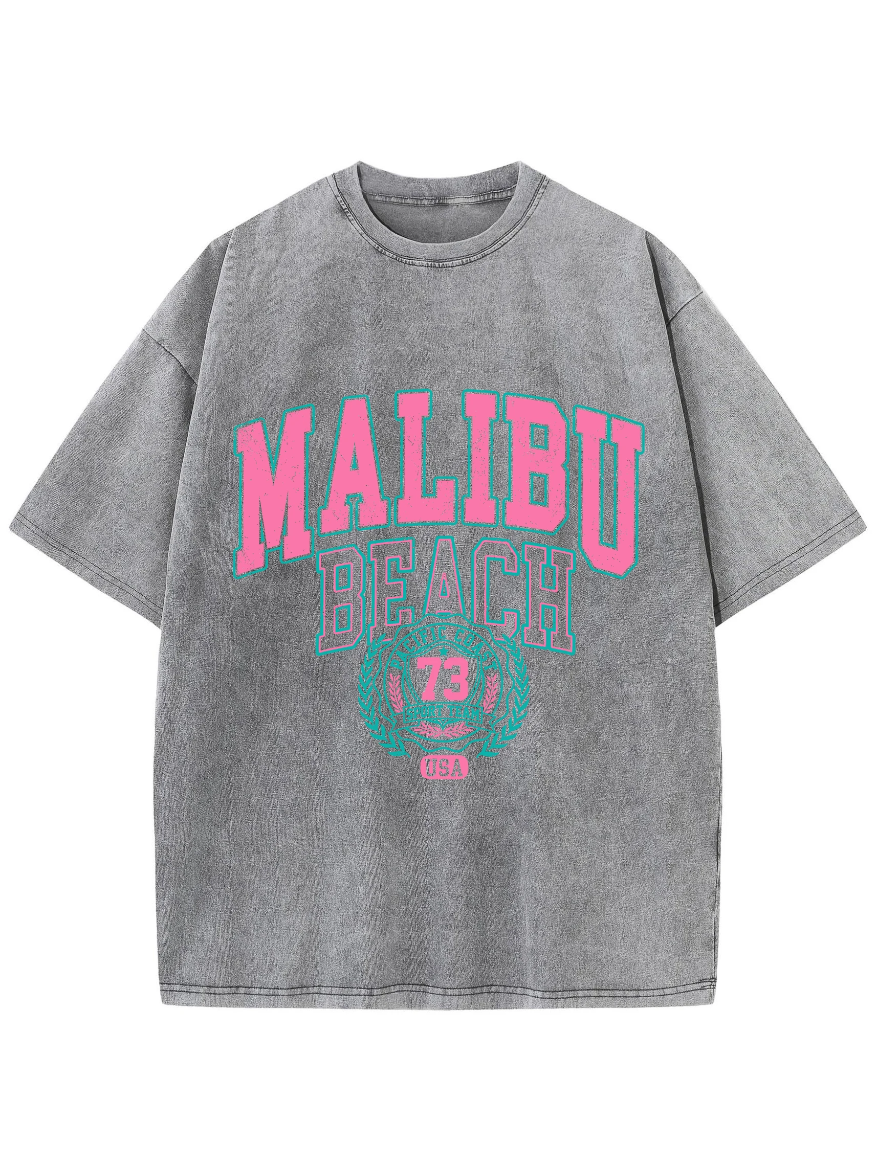 T-shirt Malibu Beach délavé, imprimé lettres, en coton, confortable, col rond, décontracté, surdimensionné, vêtements vintage