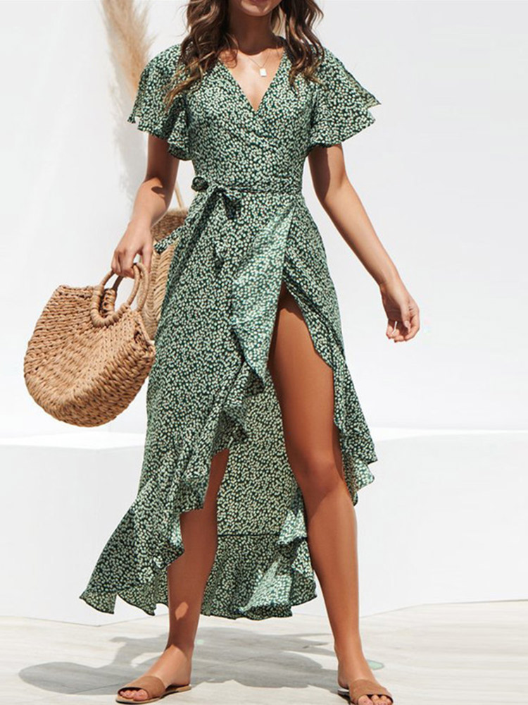 Robe Longue en Mousseline de Soie pour Femme, Imprimé Floral, Style Boho, Maxi, Col Rond en V, Fendue, Décontractée, Sexy, Soirée, Été
