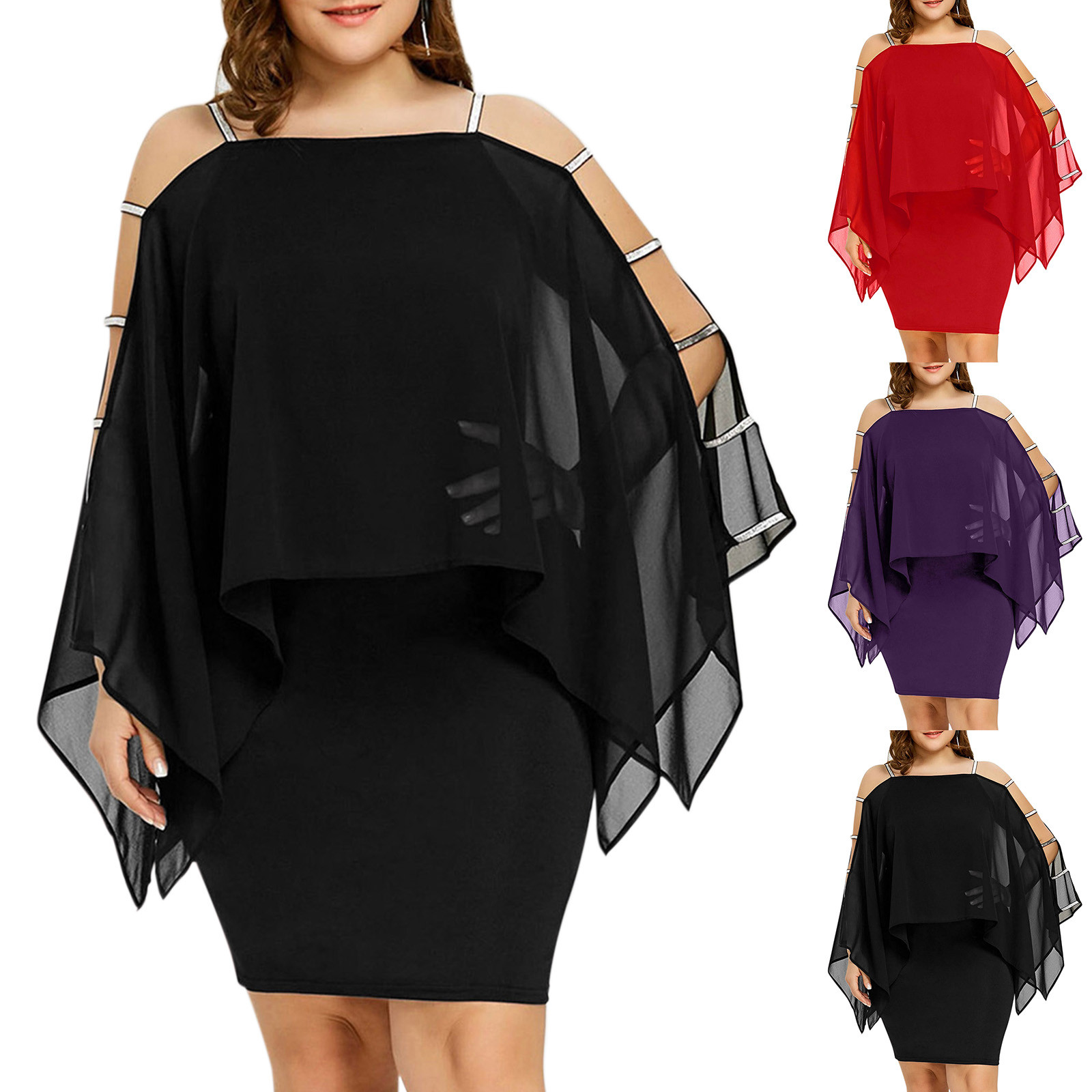 Robe de soirée en mousseline de soie, grande taille, Sexy, épaules dénudées, ajourée, élégante, manches Cape, moulante