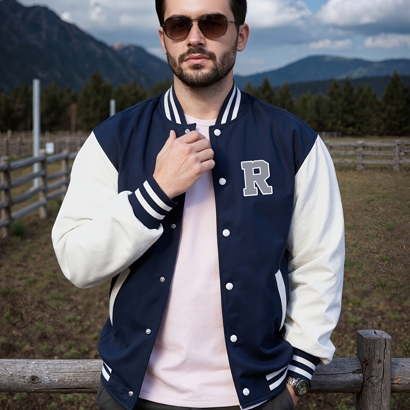 Veste de baseball décontractée pour homme, veste stylée pour homme, design de poche de veste, imprimé motif R tendance