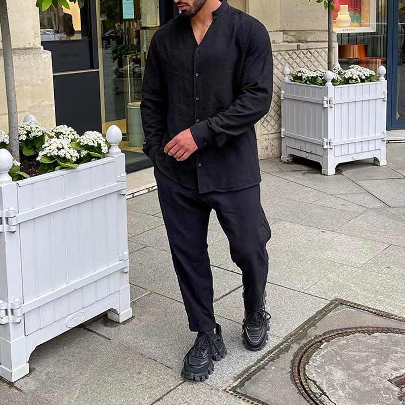 Chemise à col montant en lin à manches longues pour hommes, chemise respirante monochromatique, vêtements de sport décontractés, mode simple, ensemble deux pièces FJM