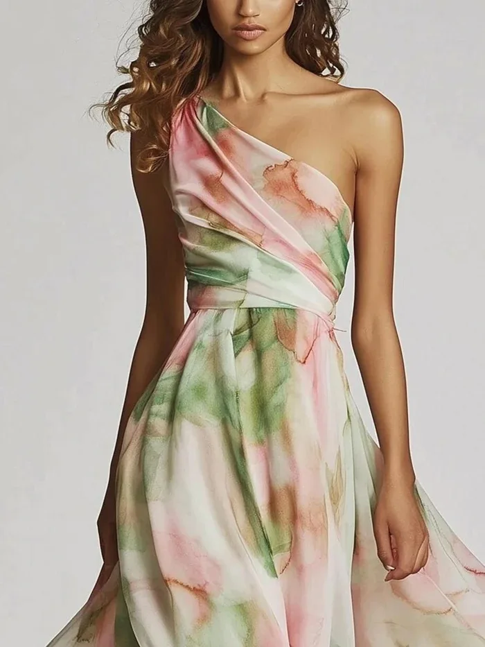 Robe élégante pour femmes, asymétrique épaule dénudée, teinture par nouage, robe de soirée, mode, sans manches, imprimée, taille haute, grand ourlet, jupe Maxi