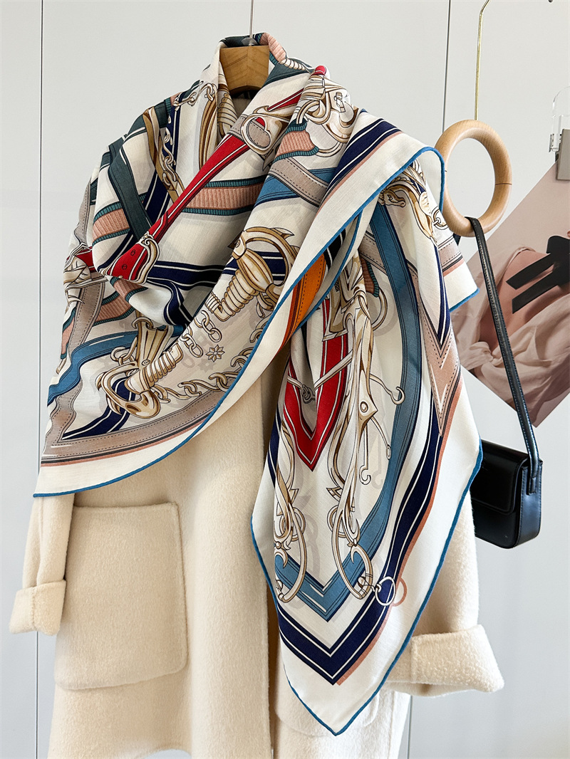 Écharpes carrées de luxe en soie et laine pour femmes, imprimées double face, 135*135cm, pour toutes les saisons