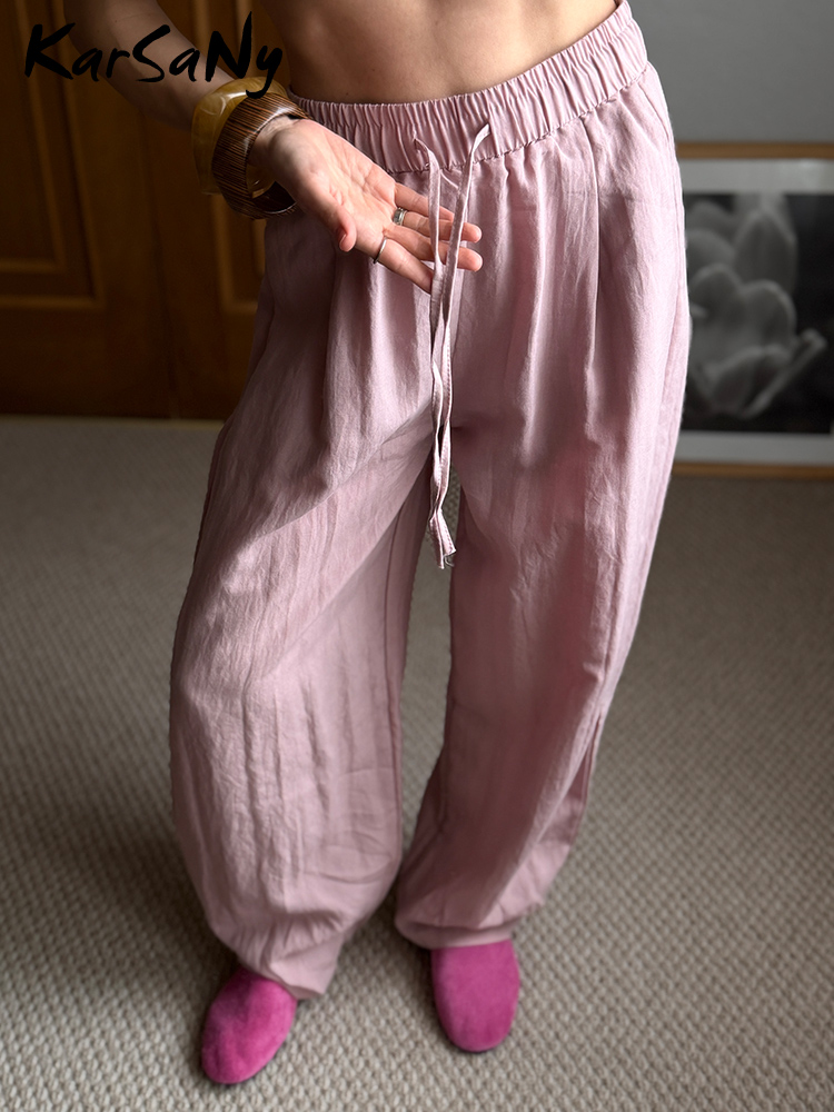 KarSaNy – pantalons d'été amples pour femmes, taille haute, décontractés, couleur unie, bleu marine, en Lyocell, pantalons à jambes larges pour femmes, baggy