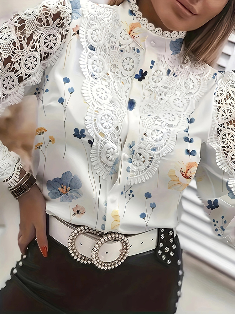chemise femme manche longue élégant bureau dames blanche col dentelle Patchwork évider bouton Up haut femme et chemisier femme 2025 mode nouvelle collection vêtement femme