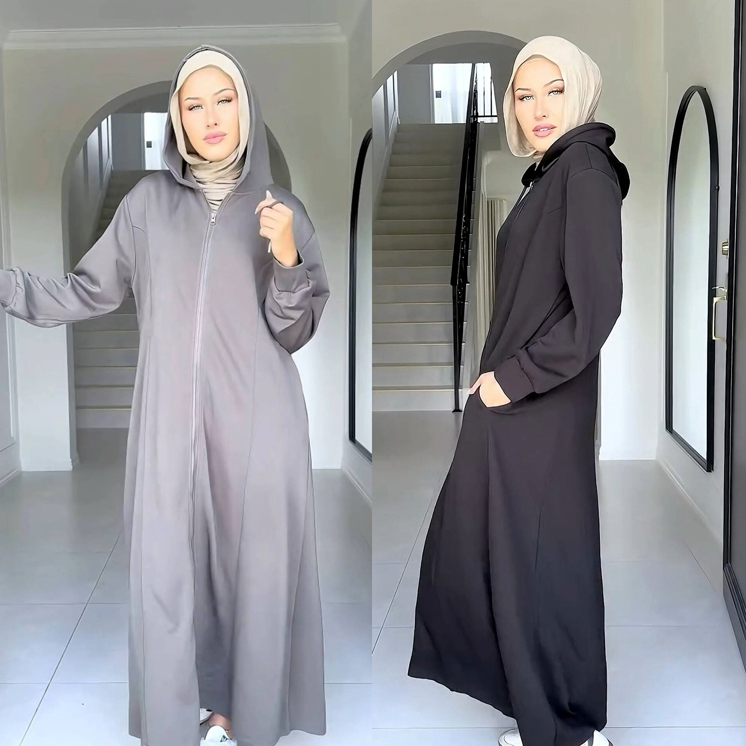 Eid femmes à capuche Abaya Robe fermeture éclair solide Cardigan Jalabiya Ramadan robes Largos décontracté longue Robe maroc dubaï caftan