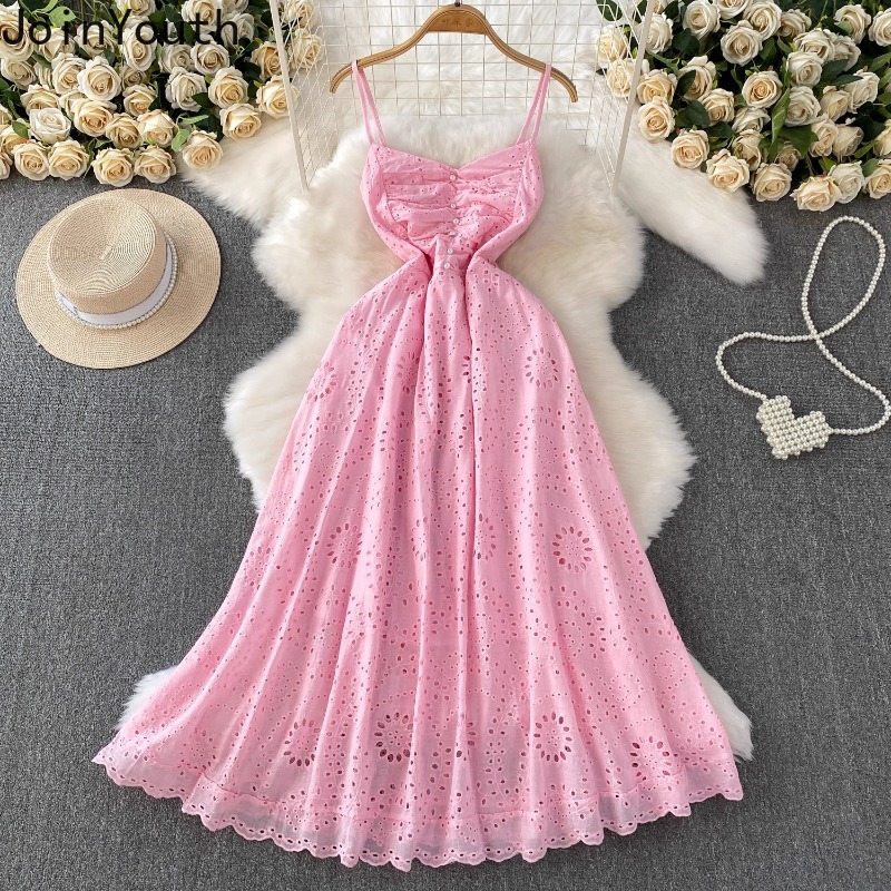 Robe rose Femme col en v manches robes femmes 2025 robes De Mujer évider broderie taille haute grande balançoire été Maxi Drrss
