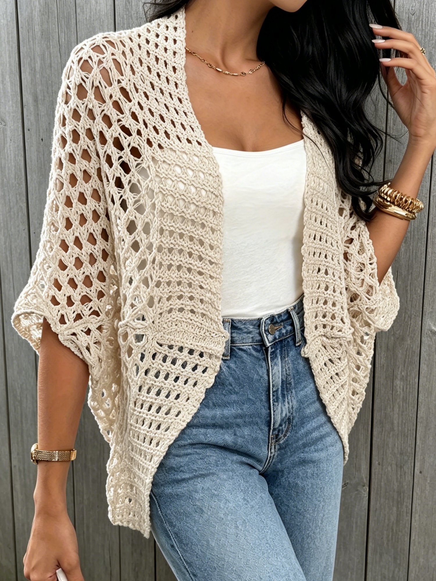 Cardigan en tricot ajouré de couleur unie pour femmes, taille plus, style élégant et tendance, adapté au printemps et à l'été