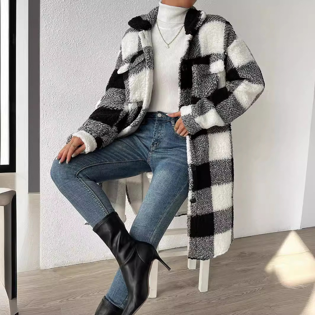 Sweat-shirt Long en molleton à carreaux pour femmes, manteau automne-hiver, col rabattu, manches longues, poches, boutons, ample, flurry, Trench-Coat x-long