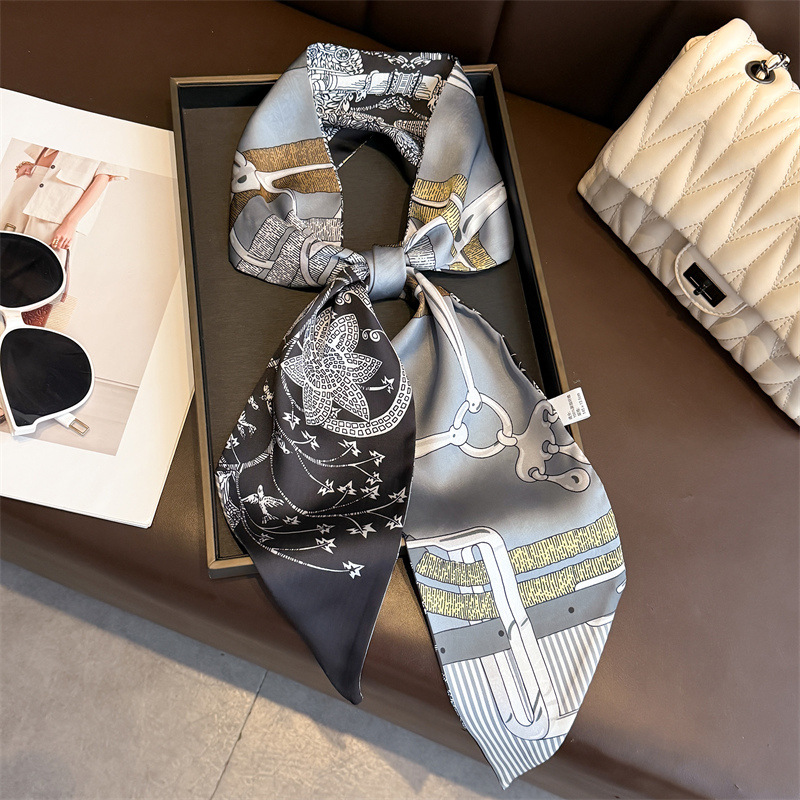 Écharpe en soie imprimée double face pour femme, ruban fin, foulard long tendance, ruban de sac à main fin pour femme, jolies écharpes de cou