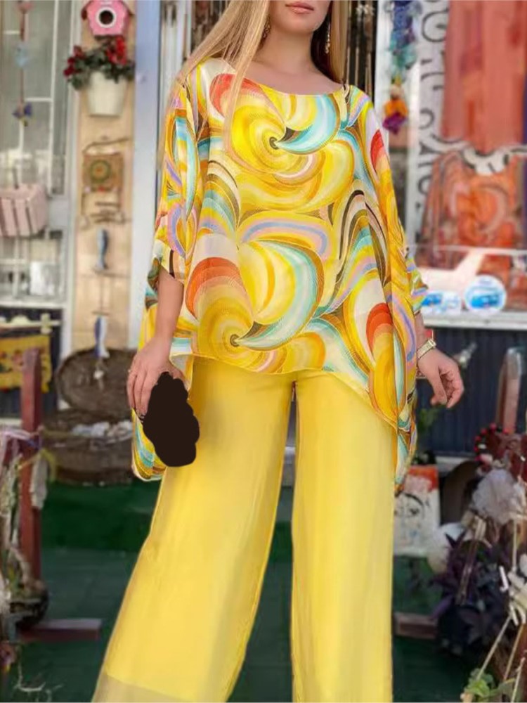 Femmes mode imprimé ensembles décontracté ample O cou hauts et taille haute jambe large pantalons longs deux pièces ensembles dame été femmes vêtements
