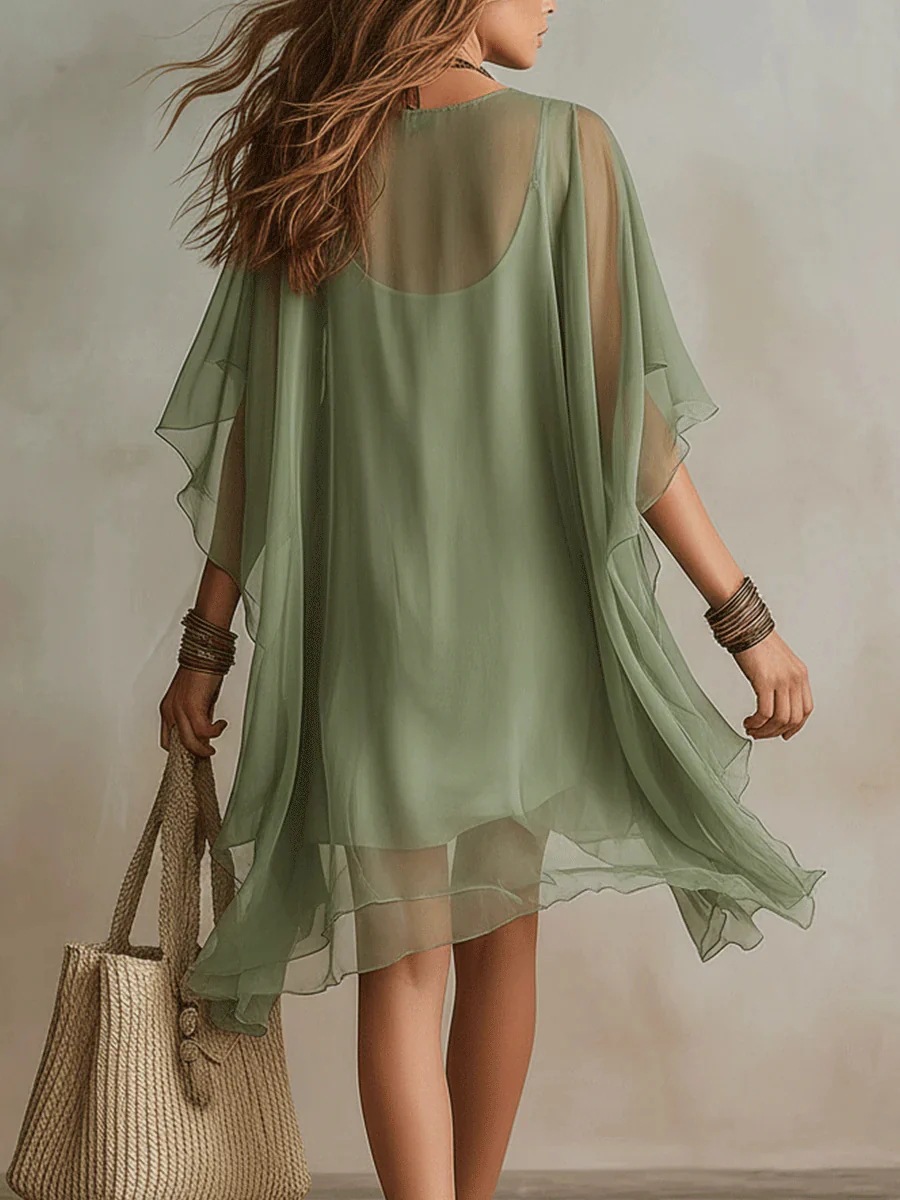 Robe courte décontractée pour femme, style bohème, en mousseline, à manches mi-longues, col en V, ourlet irrégulier, superposée, idéale pour la plage ou les vacances