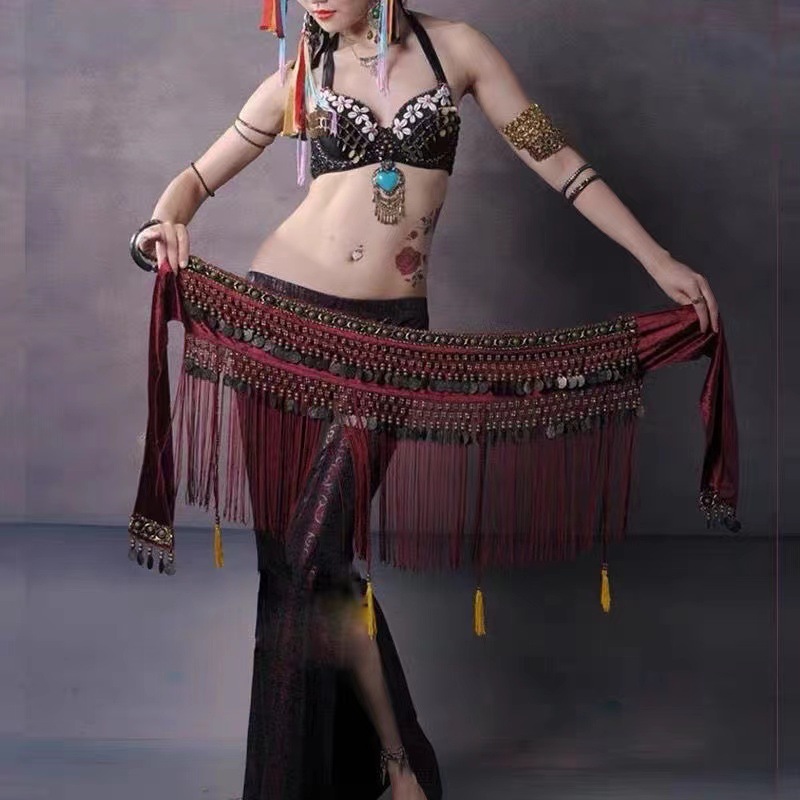 Costumes d'écharpe de hanche de danse du ventre tribal pour femmes, paillettes financières, long pompon, ceinture de danse du ventre, jupe ronde, taille, tenue de carnaval