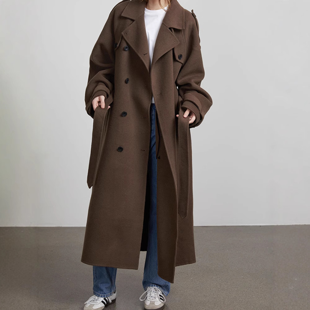 2025 vêtements pour femmes laine Double boutonnage Long manteau avec revers et coupe décontractée nouveau automne/hiver manteau pour femmes vêtements pour femmes
