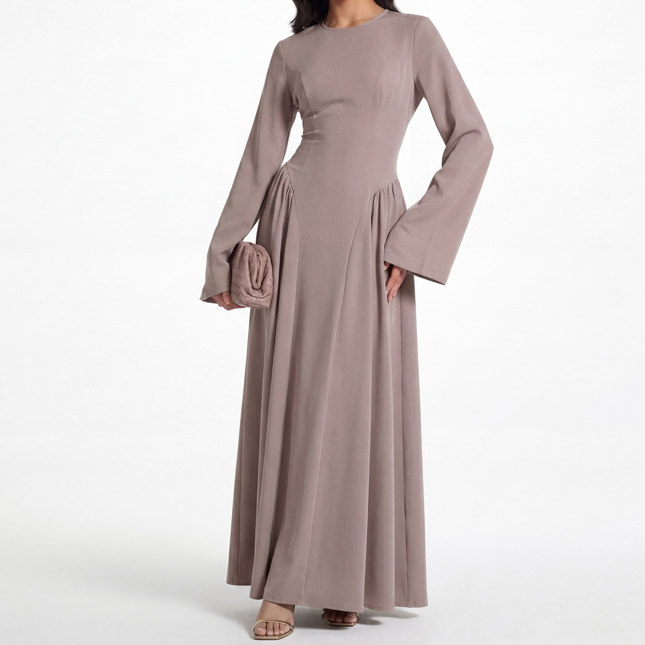 Robe Abaya Musulmane Modeste d'Été à Lacets au Dos et Fronces Latérales, Coupe Ajustée, Manches Longues Évasées, Robe Hijabi Élégante, Vêtement Islamique