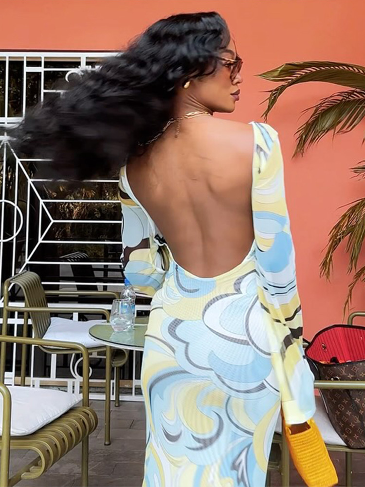 Robe longue imprimée sans dos pour femme, col rond, manches longues, coupe droite, mode été 2026, nouvelle collection streetwear pour femme