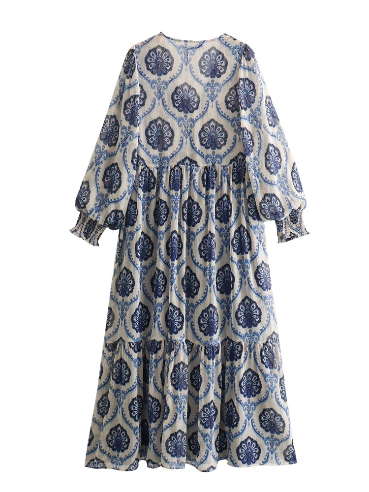 Robe Maxi à Imprimé Floral Bleu pour Femme, Manches sulf, Col en V Profond, Printemps Été, Boho, Plage, Éducatif