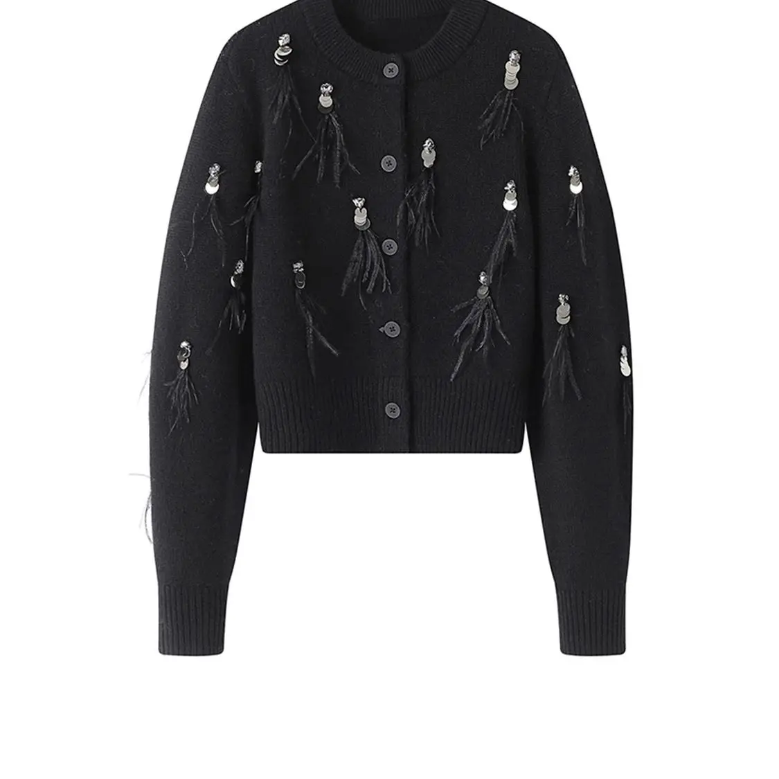 Manteau à manches longues avec pompons en plumes pour femmes, pull haut de gamme, noir, gris, tout cardigan vintage, automne, hiver